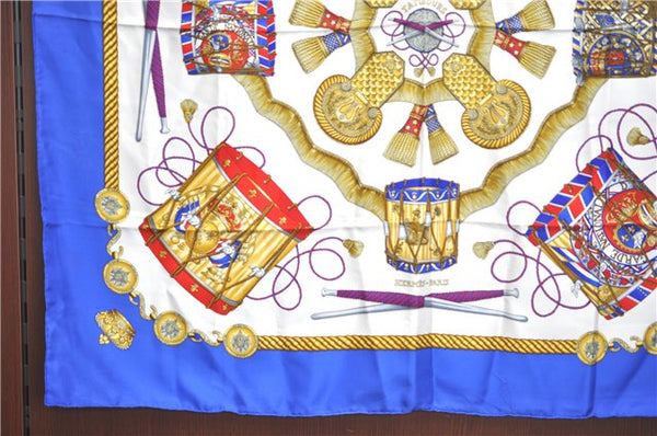 Authentic HERMES Carre 90 Scarf "LES TAMBOURS" Silk Blue J0660