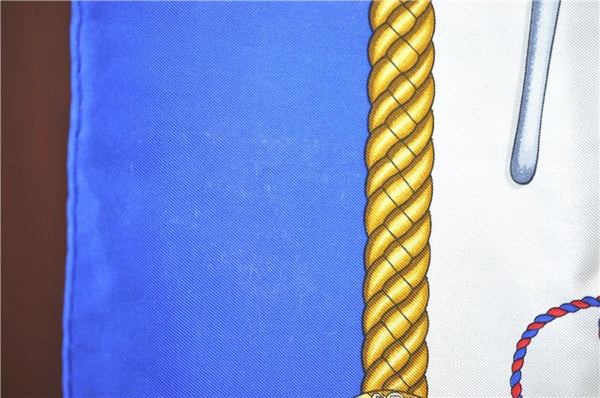 Authentic HERMES Carre 90 Scarf "LES TAMBOURS" Silk Blue J0660