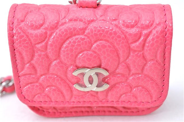 Auth CHANEL Camellia CC Logo AirPods Case Shoulder Chain Leather Pink Box J0696
