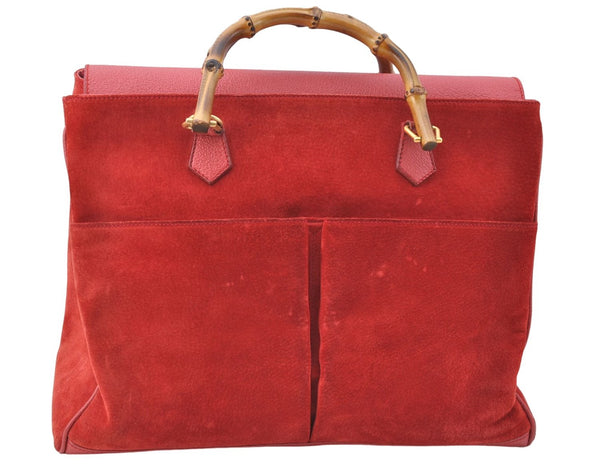 Authentic GUCCI Bamboo Hand Bag Suede Leather Red J0761