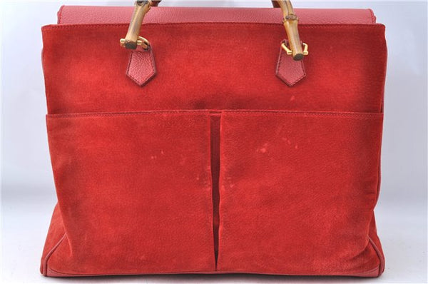 Authentic GUCCI Bamboo Hand Bag Suede Leather Red J0761