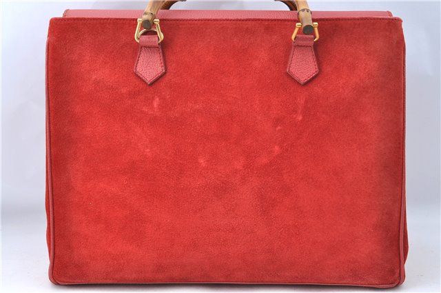 Authentic GUCCI Bamboo Hand Bag Suede Leather Red J0761