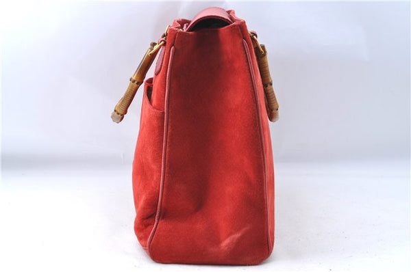 Authentic GUCCI Bamboo Hand Bag Suede Leather Red J0761
