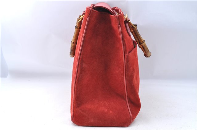 Authentic GUCCI Bamboo Hand Bag Suede Leather Red J0761