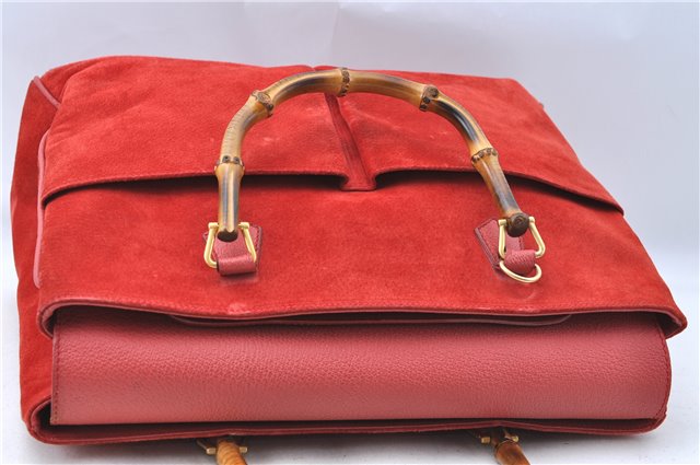 Authentic GUCCI Bamboo Hand Bag Suede Leather Red J0761