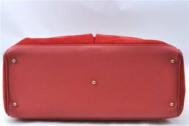 Authentic GUCCI Bamboo Hand Bag Suede Leather Red J0761