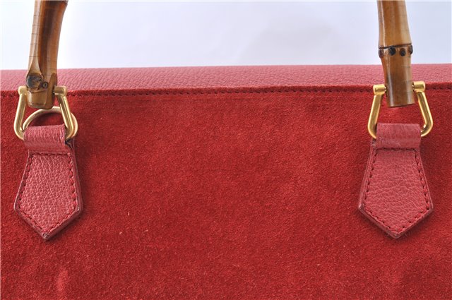 Authentic GUCCI Bamboo Hand Bag Suede Leather Red J0761
