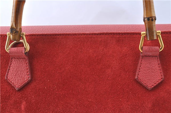 Authentic GUCCI Bamboo Hand Bag Suede Leather Red J0761