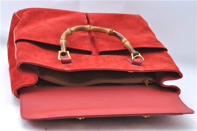 Authentic GUCCI Bamboo Hand Bag Suede Leather Red J0761
