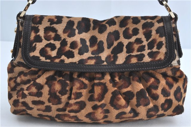 Authentic FENDI Leopard Motif Shoulder Hand Bag Unborn Calf Fur Brown J0764