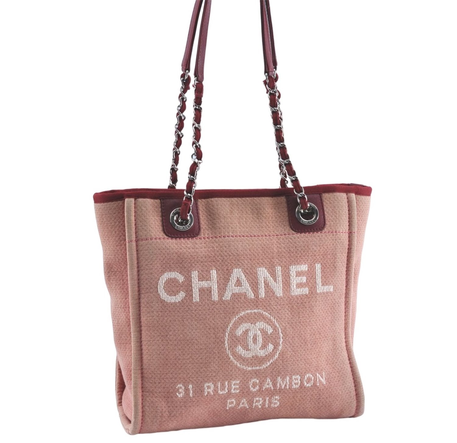 Authentic CHANEL Deauville Line Shoulder Tote Bag Canvas Leather Pink Red J0767