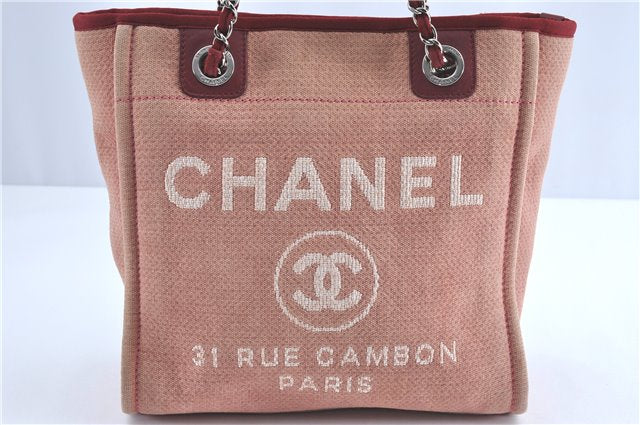 Authentic CHANEL Deauville Line Shoulder Tote Bag Canvas Leather Pink Red J0767