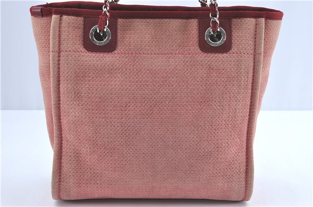 Authentic CHANEL Deauville Line Shoulder Tote Bag Canvas Leather Pink Red J0767