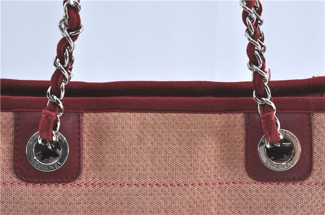 Authentic CHANEL Deauville Line Shoulder Tote Bag Canvas Leather Pink Red J0767