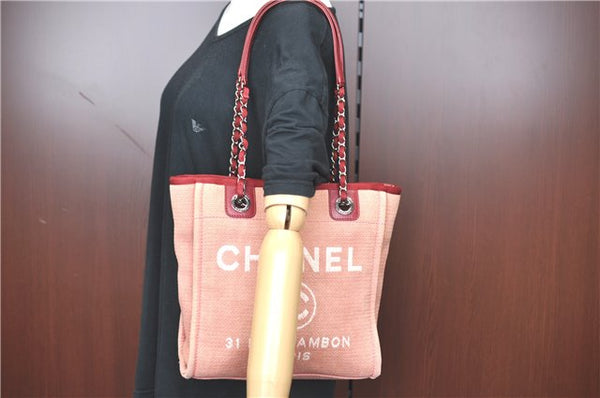 Authentic CHANEL Deauville Line Shoulder Tote Bag Canvas Leather Pink Red J0767