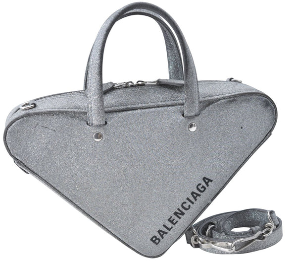 BALENCIAGA Triangle Duffle 2Way Shoulder Hand Bag Leather 531048 Silver J0781