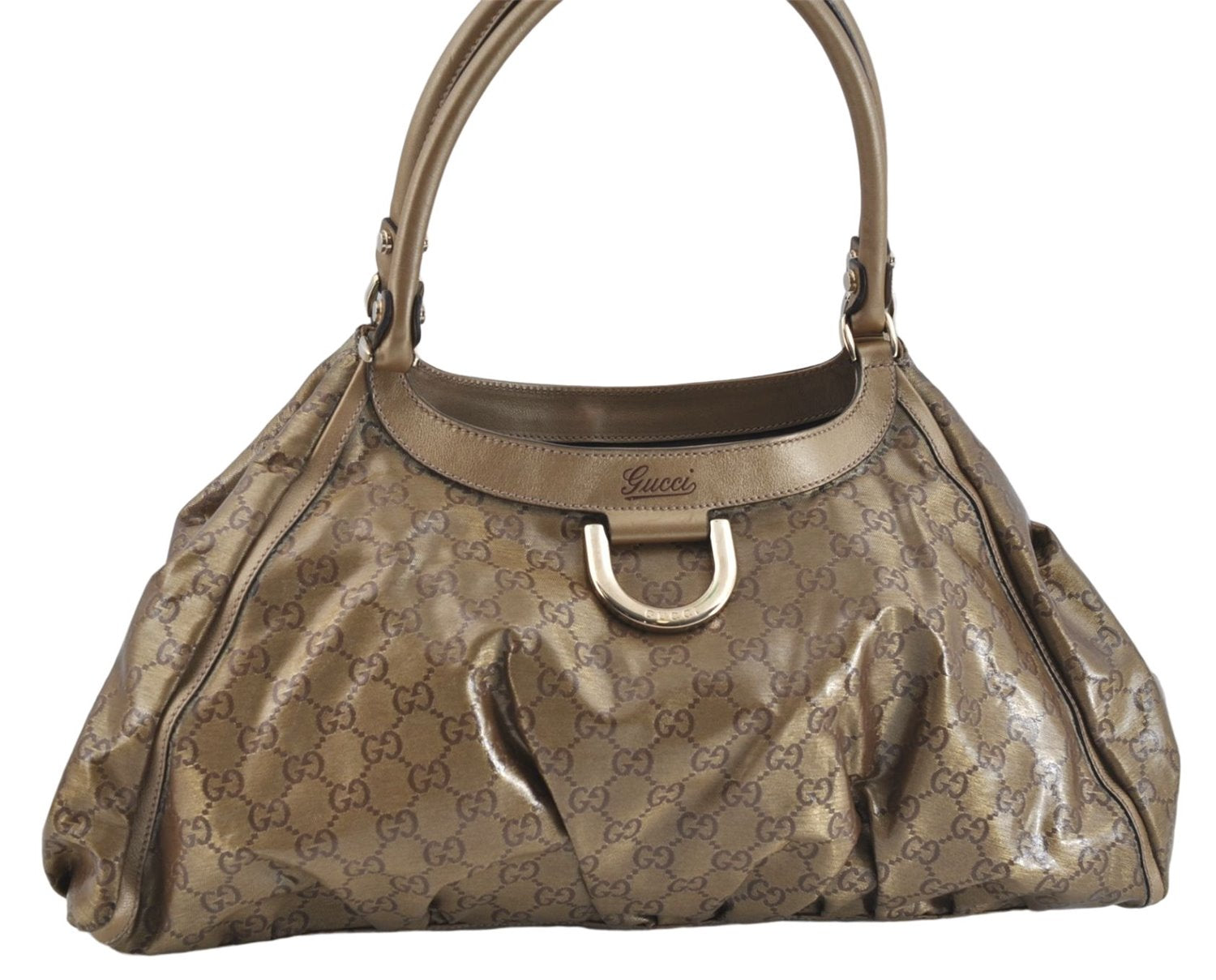 Authentic GUCCI Abbey GG Crystal Shoulder Tote Bag PVC Leather 189835 Gold J0782