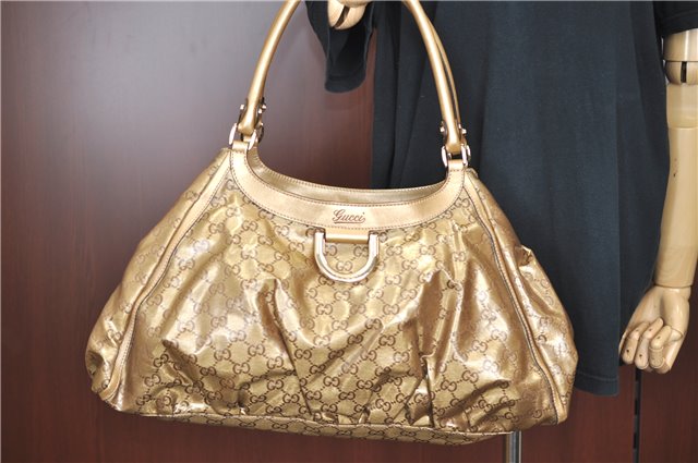 Authentic GUCCI Abbey GG Crystal Shoulder Tote Bag PVC Leather 189835 Gold J0782