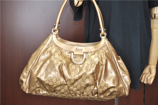 Authentic GUCCI Abbey GG Crystal Shoulder Tote Bag PVC Leather 189835 Gold J0782