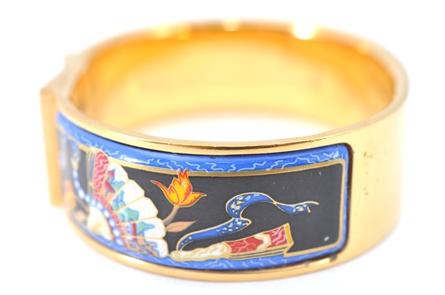 Authentic HERMES Email GM Bangle folding fan Motif Gold Black Blue  J0787