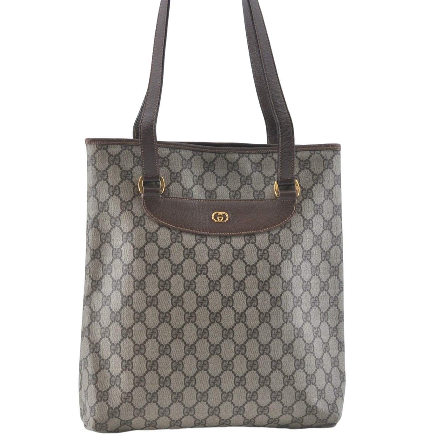 Authentic GUCCI Shoulder Tote Bag GG PVC Leather Brown J0809