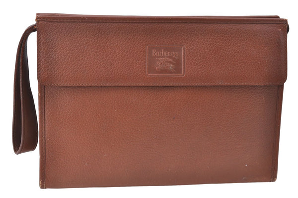 Authentic Burberrys Vintage Leather Clutch Hand Bag Brown J0822