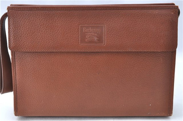 Authentic Burberrys Vintage Leather Clutch Hand Bag Brown J0822