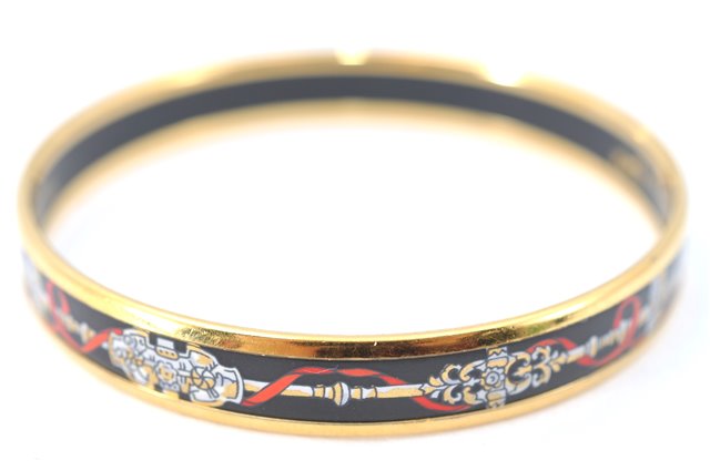 Authentic HERMES Email PM Bangle Weapon Motif Gold Black Red J0855