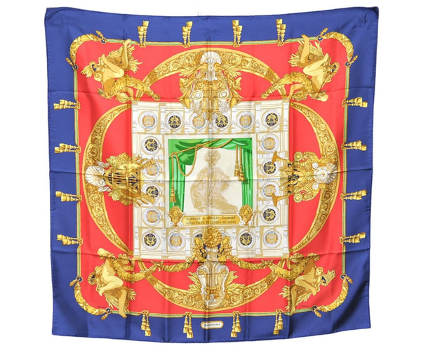 Authentic HERMES Carre 90 Scarf "HOMMAGE A CHARLES GARNIER" Silk Navy Gold J0923