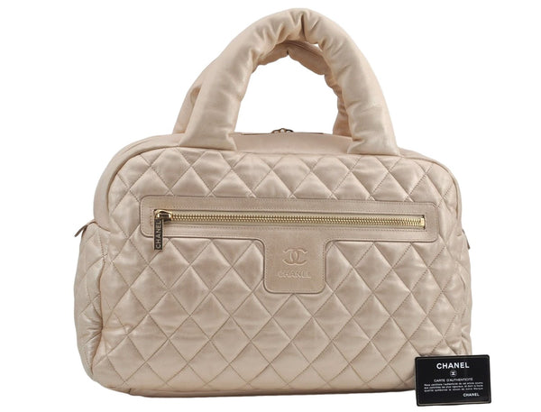 Authentic Chanel Coco Cocoon Matelasse Leather Hand Bag Purse Beige CC J0936