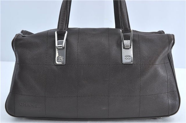 Authentic CHANEL Chocolate Bar Caviar Skin CC Logo Hand Boston Bag Brown J0941