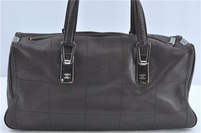 Authentic CHANEL Chocolate Bar Caviar Skin CC Logo Hand Boston Bag Brown J0941
