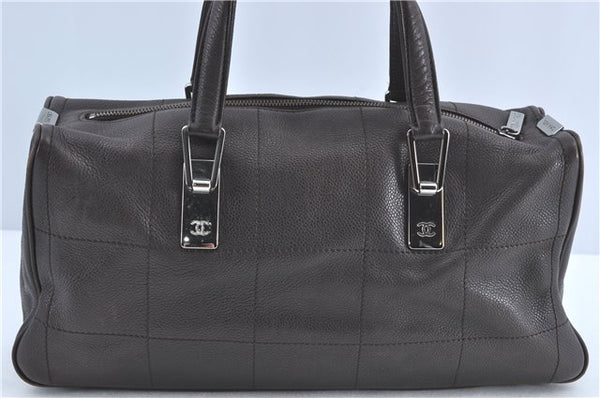 Authentic CHANEL Chocolate Bar Caviar Skin CC Logo Hand Boston Bag Brown J0941