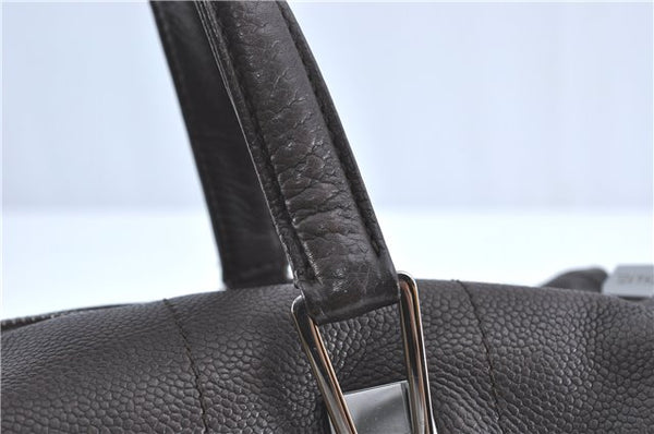 Authentic CHANEL Chocolate Bar Caviar Skin CC Logo Hand Boston Bag Brown J0941