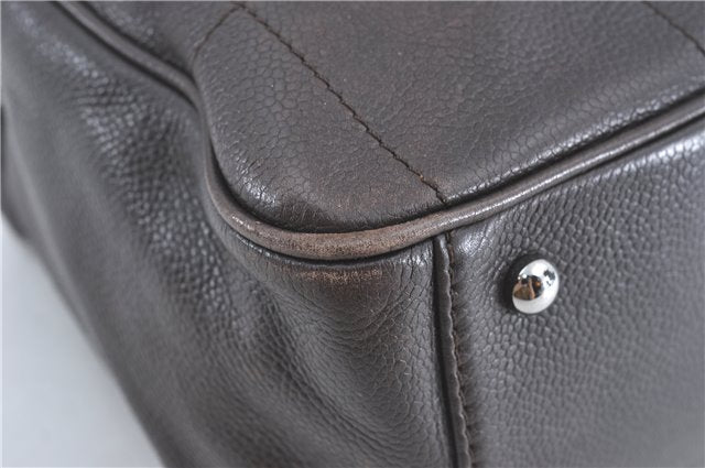 Authentic CHANEL Chocolate Bar Caviar Skin CC Logo Hand Boston Bag Brown J0941