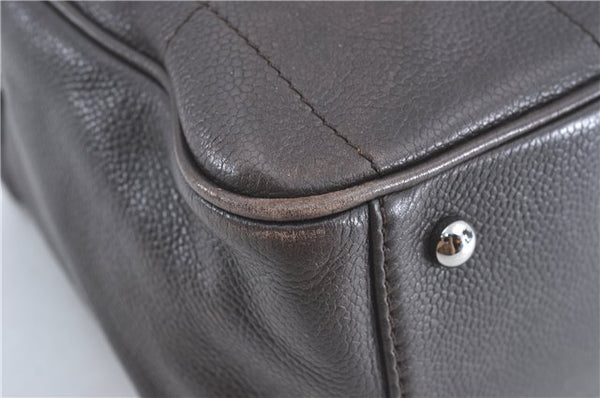 Authentic CHANEL Chocolate Bar Caviar Skin CC Logo Hand Boston Bag Brown J0941