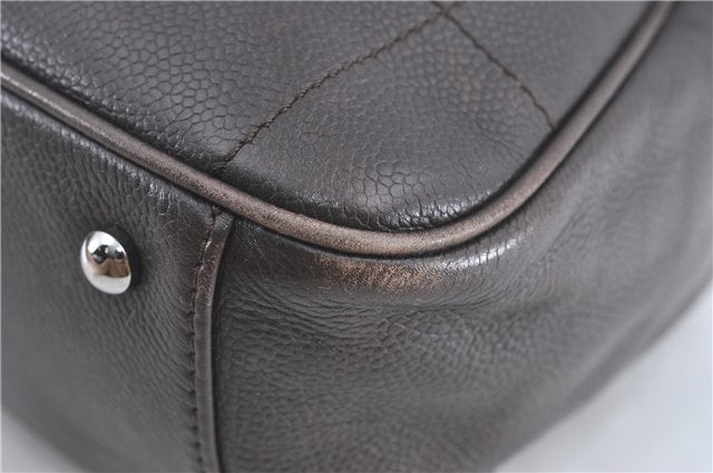 Authentic CHANEL Chocolate Bar Caviar Skin CC Logo Hand Boston Bag Brown J0941