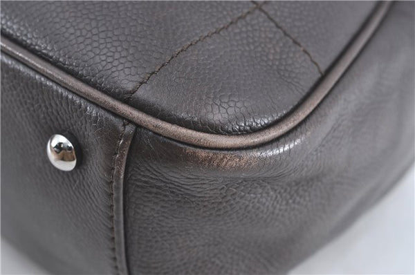 Authentic CHANEL Chocolate Bar Caviar Skin CC Logo Hand Boston Bag Brown J0941