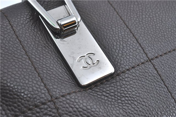 Authentic CHANEL Chocolate Bar Caviar Skin CC Logo Hand Boston Bag Brown J0941