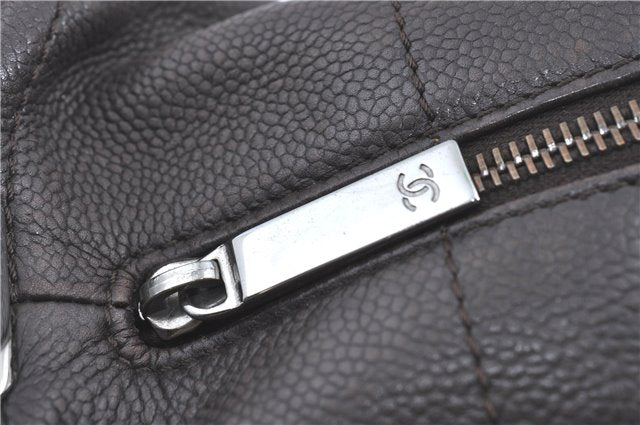 Authentic CHANEL Chocolate Bar Caviar Skin CC Logo Hand Boston Bag Brown J0941