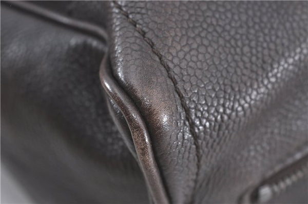 Authentic CHANEL Chocolate Bar Caviar Skin CC Logo Hand Boston Bag Brown J0941