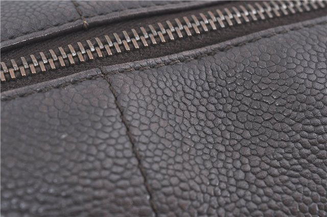 Authentic CHANEL Chocolate Bar Caviar Skin CC Logo Hand Boston Bag Brown J0941