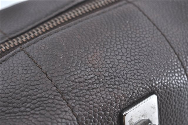 Authentic CHANEL Chocolate Bar Caviar Skin CC Logo Hand Boston Bag Brown J0941