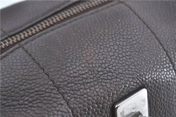 Authentic CHANEL Chocolate Bar Caviar Skin CC Logo Hand Boston Bag Brown J0941