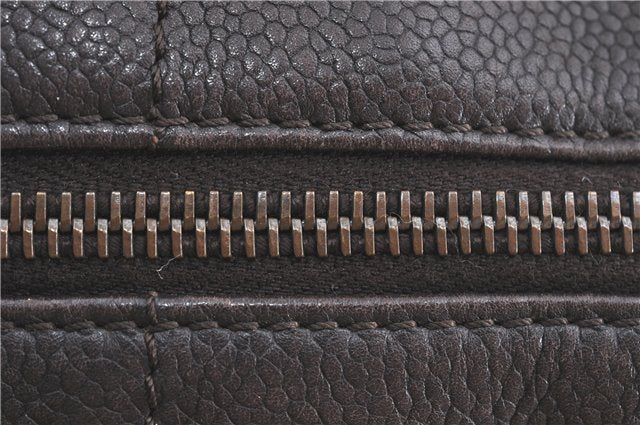 Authentic CHANEL Chocolate Bar Caviar Skin CC Logo Hand Boston Bag Brown J0941