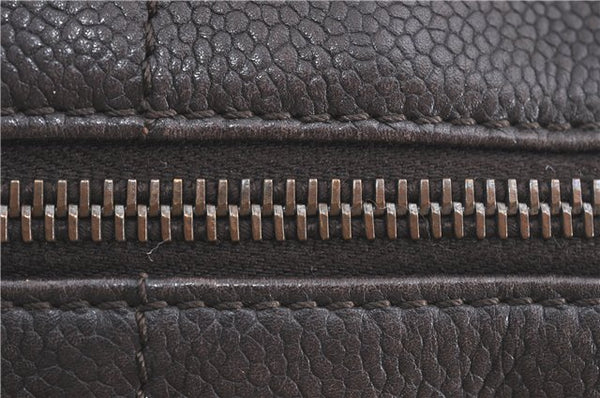 Authentic CHANEL Chocolate Bar Caviar Skin CC Logo Hand Boston Bag Brown J0941