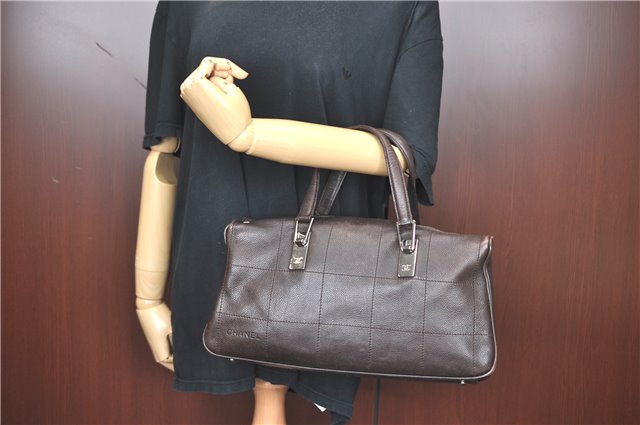 Authentic CHANEL Chocolate Bar Caviar Skin CC Logo Hand Boston Bag Brown J0941