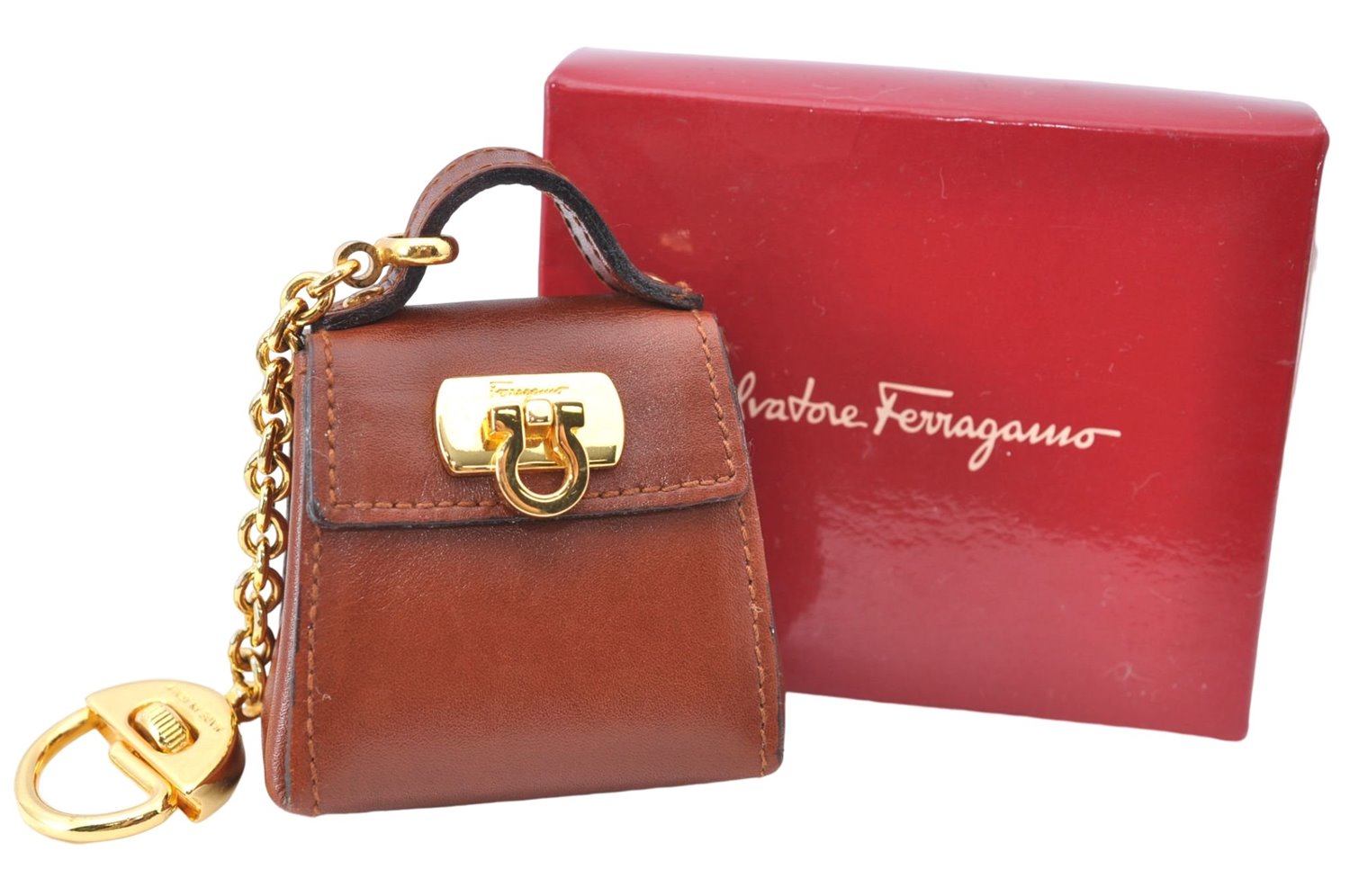 Authentic Ferragamo Gancini Bag Charm Leather Brown SF Box J0973