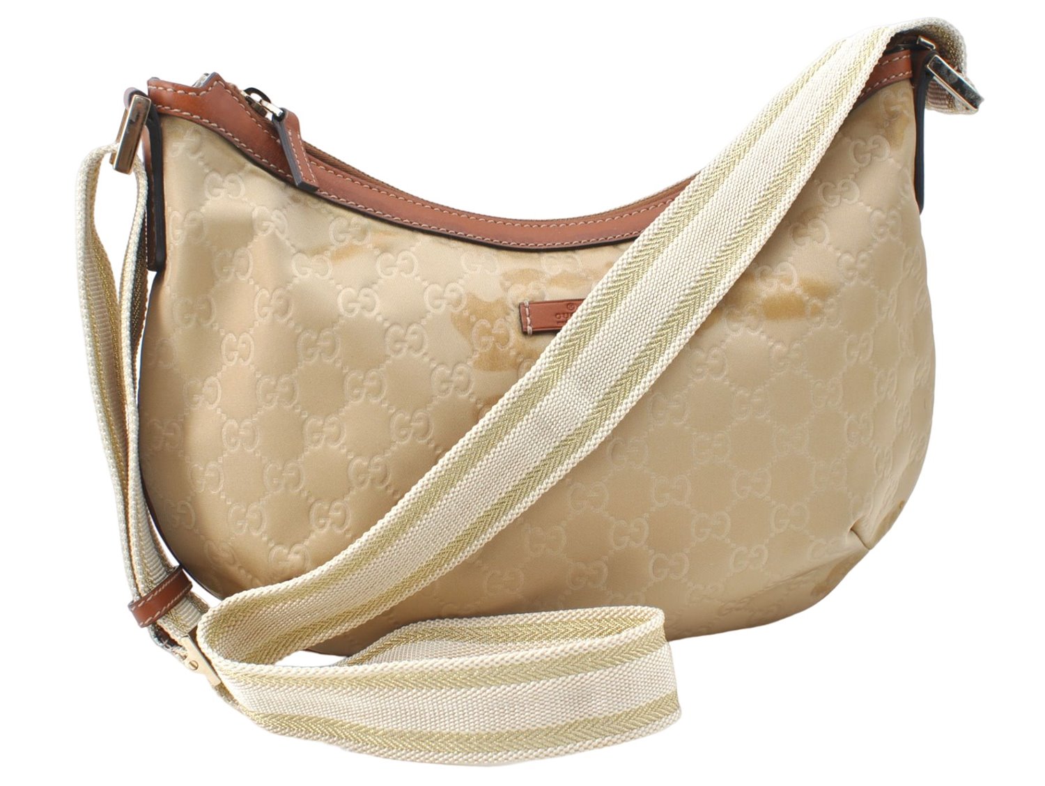 Auth GUCCI Shoulder Cross Body Bag Purse GG Nylon Leather 181092 Beige  J1012