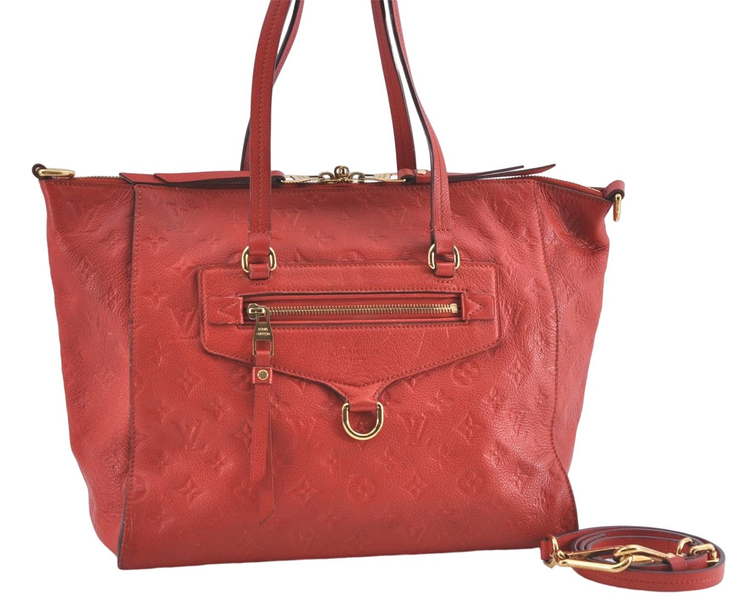 Auth Louis Vuitton Monogram Empreinte Lumineuse PM Tote Bag Red M40552 LV J1036